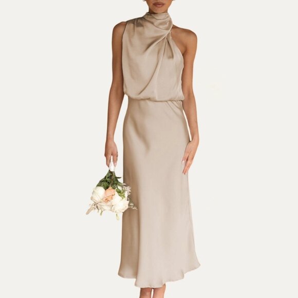 Absolutely Stunning One-Shoulder Halter Formal Midi Dress - Picture 1 of 4